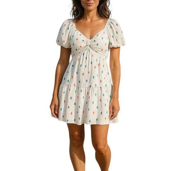 NEW Never A Wallflower Coco White Embroidered Puff Sleeve Mini Short Dress Size - Picture 1 of 11